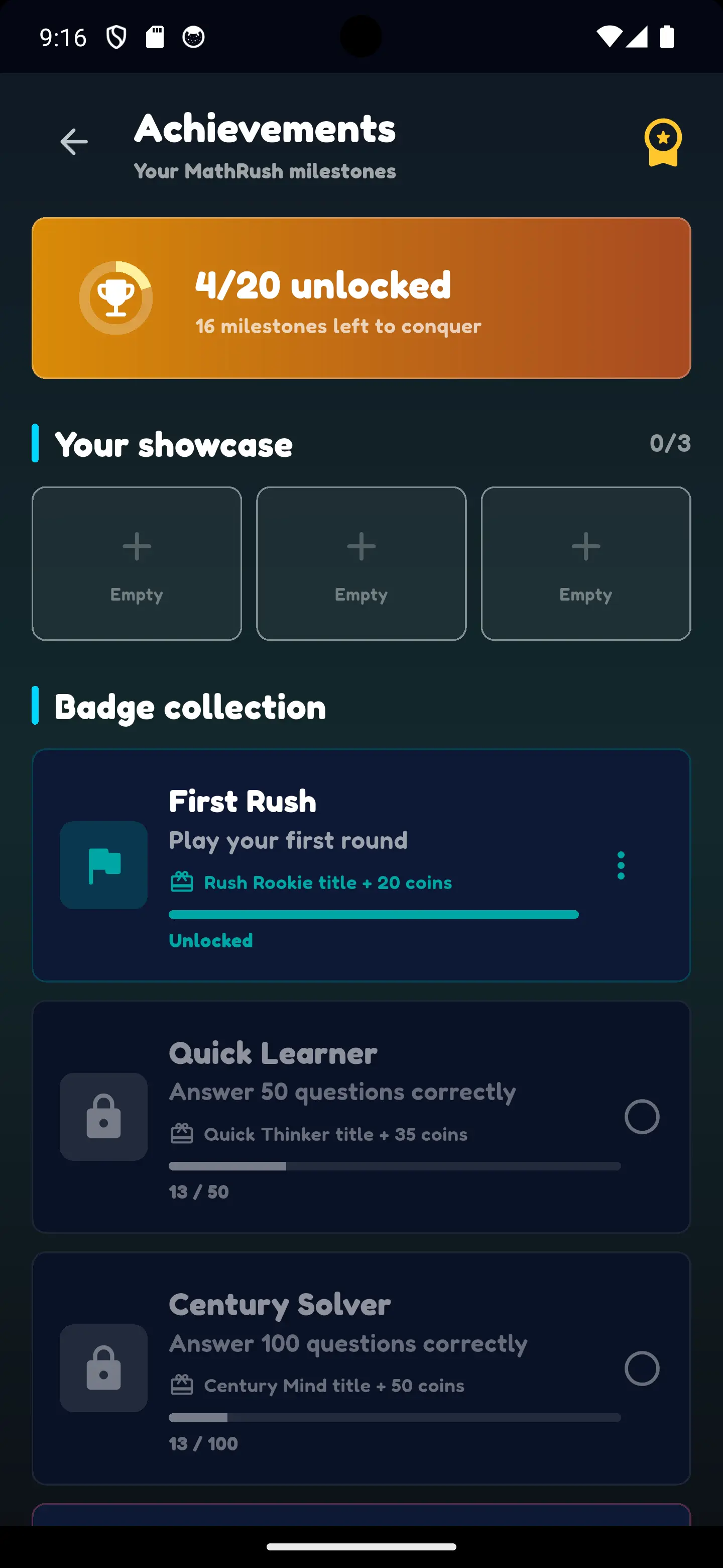 MathRush achievements screen