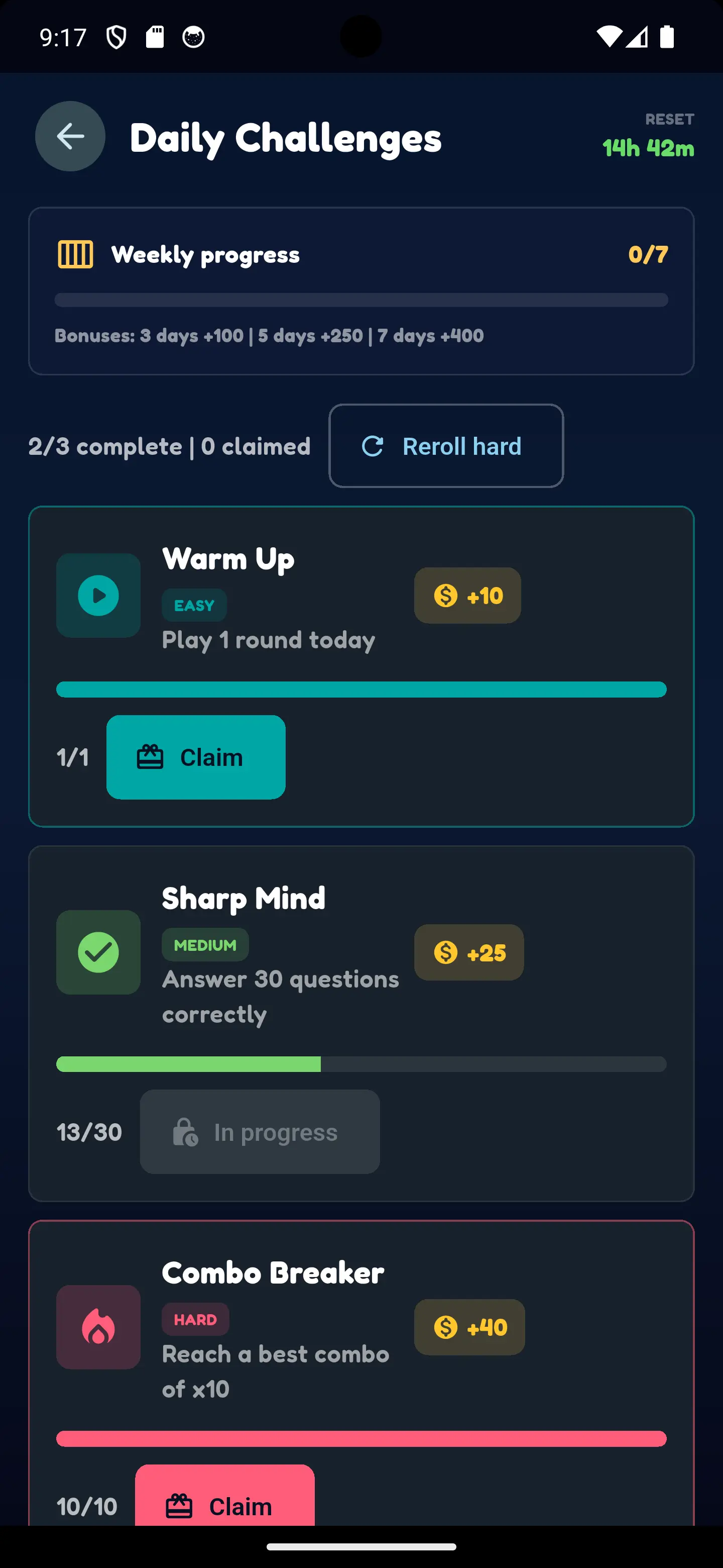 MathRush daily challenges screen