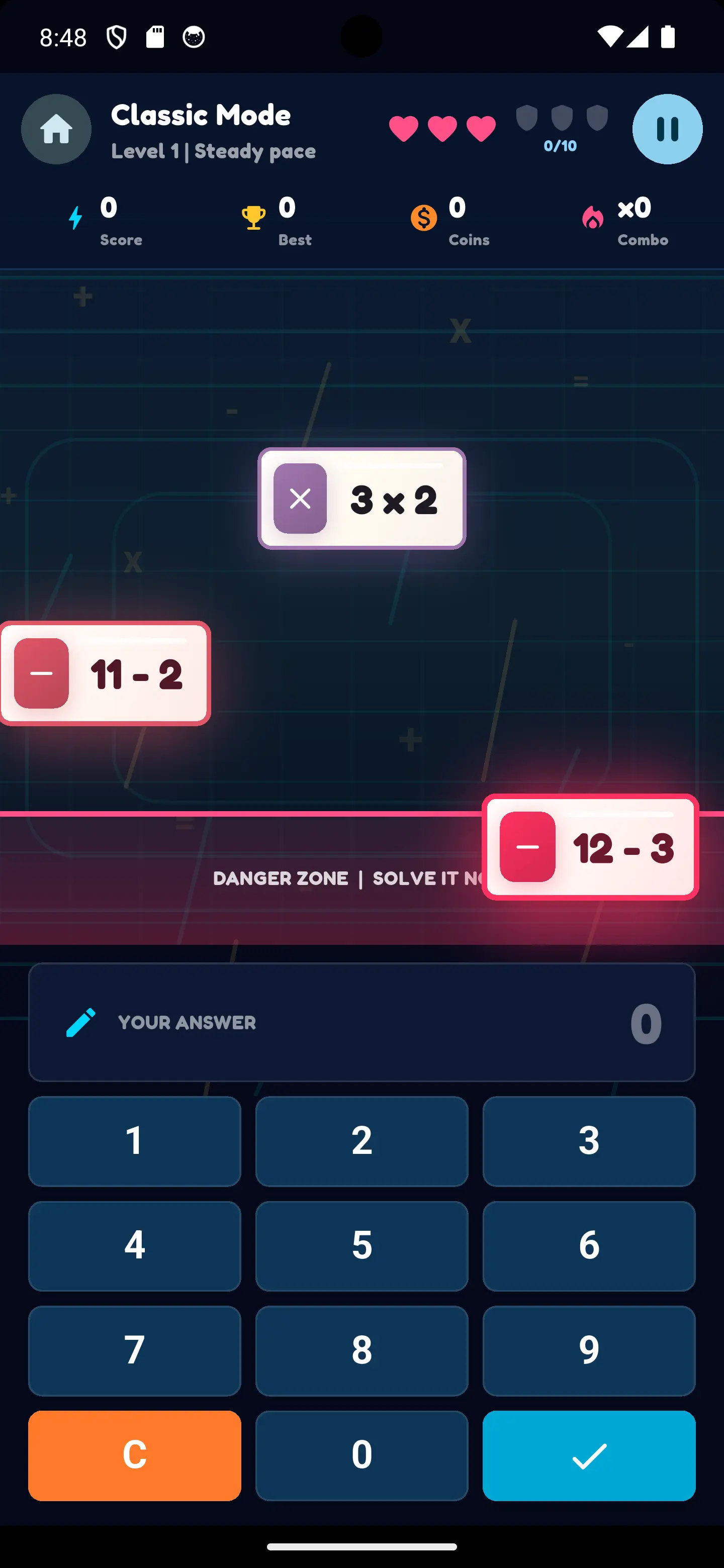 MathRush gameplay screenshot showing the arithmetic challenge screen
