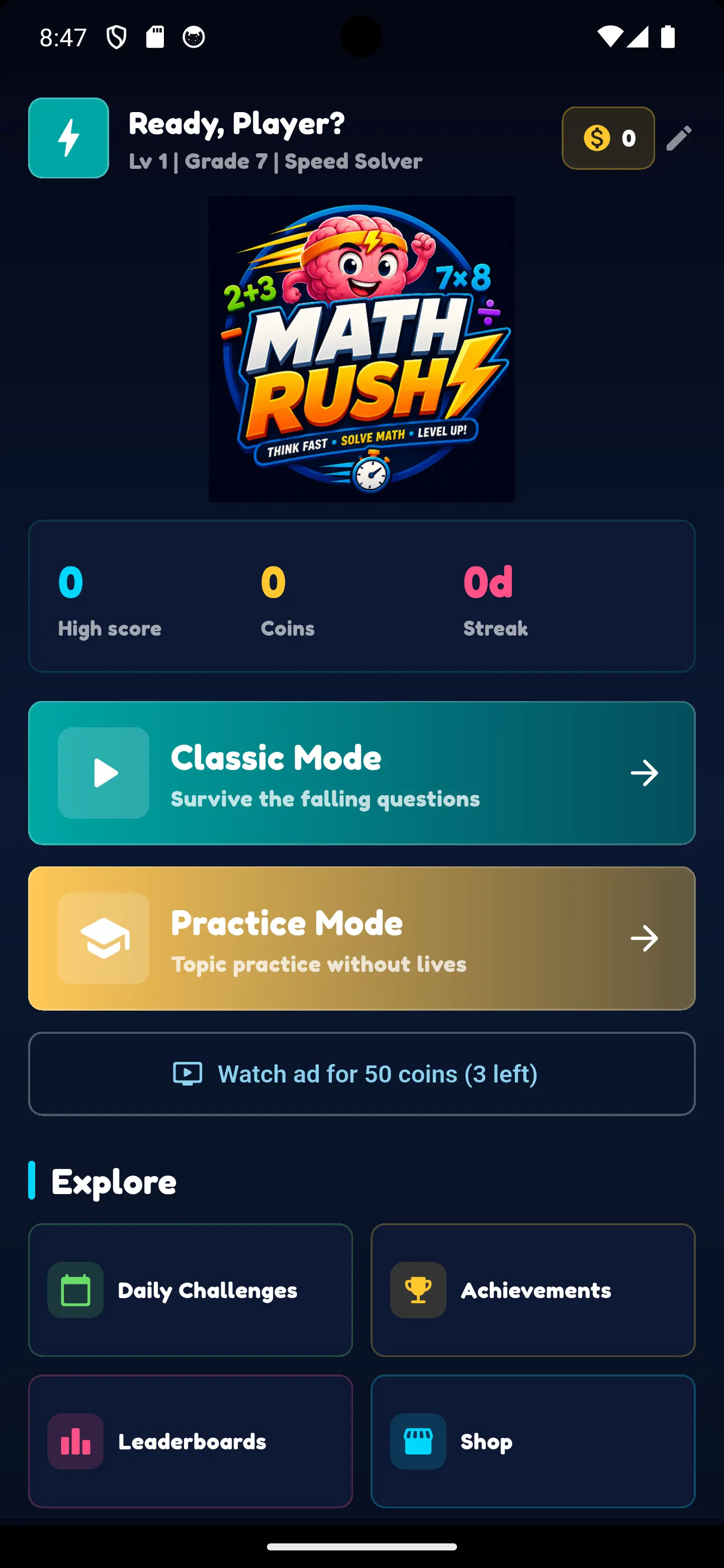 MathRush home screen with main game options