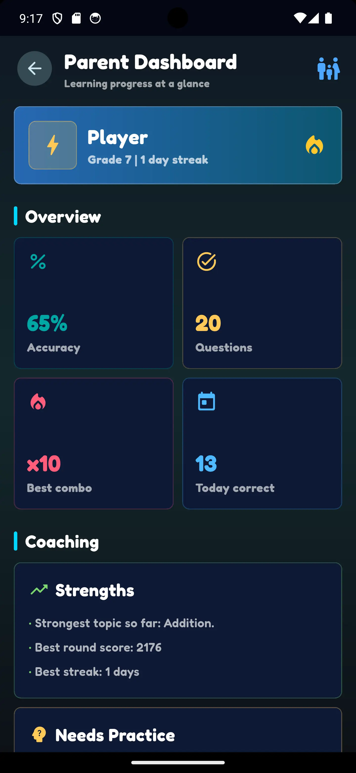 MathRush parent dashboard screen