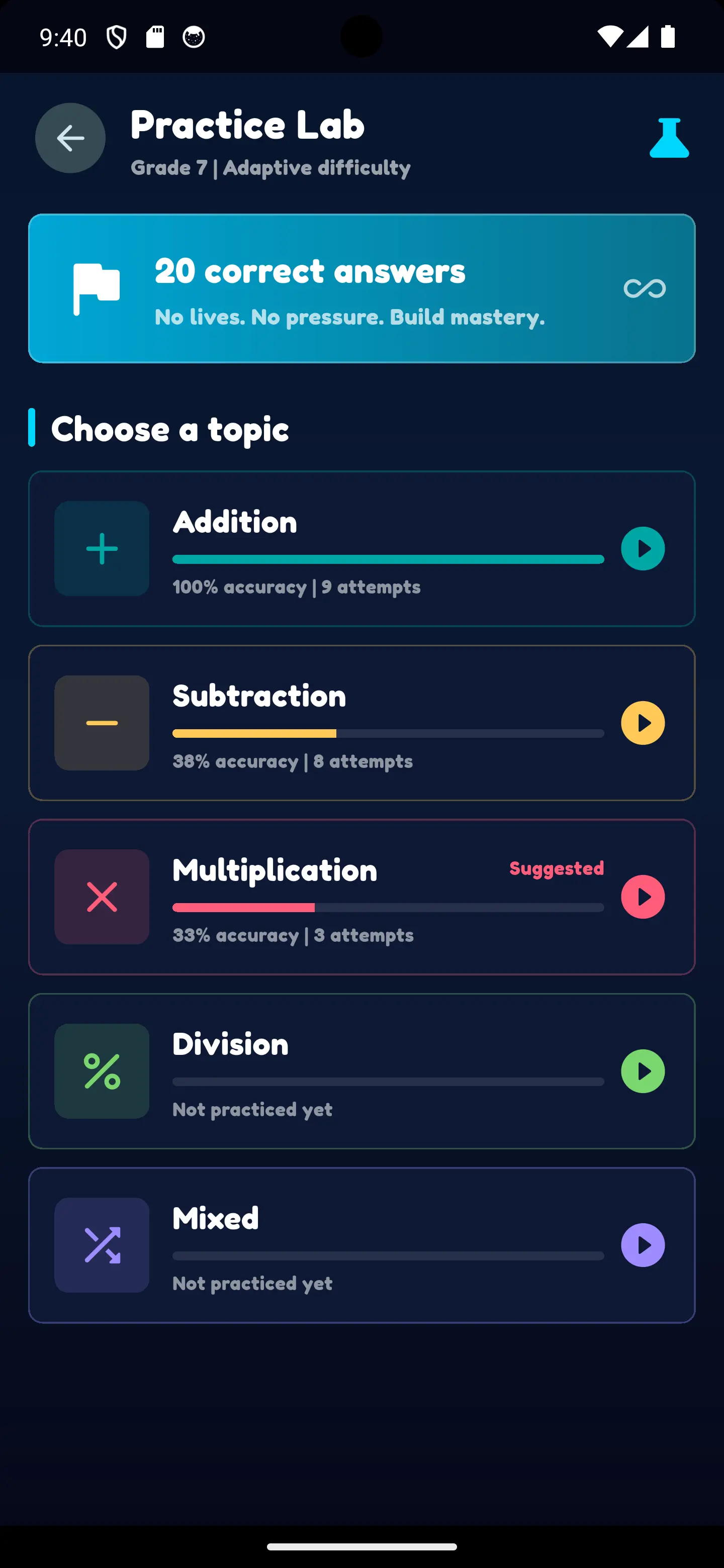 MathRush practice mode screen
