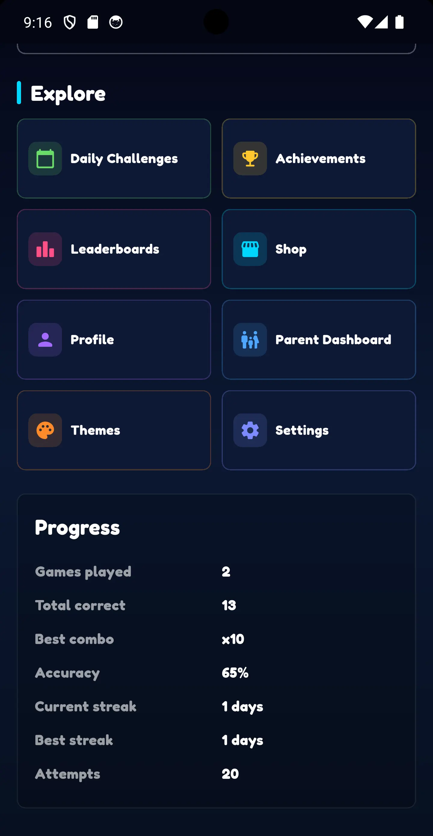 MathRush learner progress screen