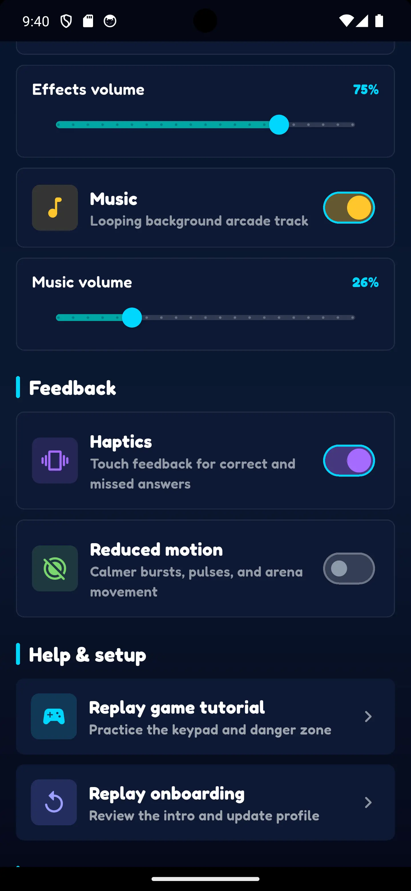 MathRush settings screen